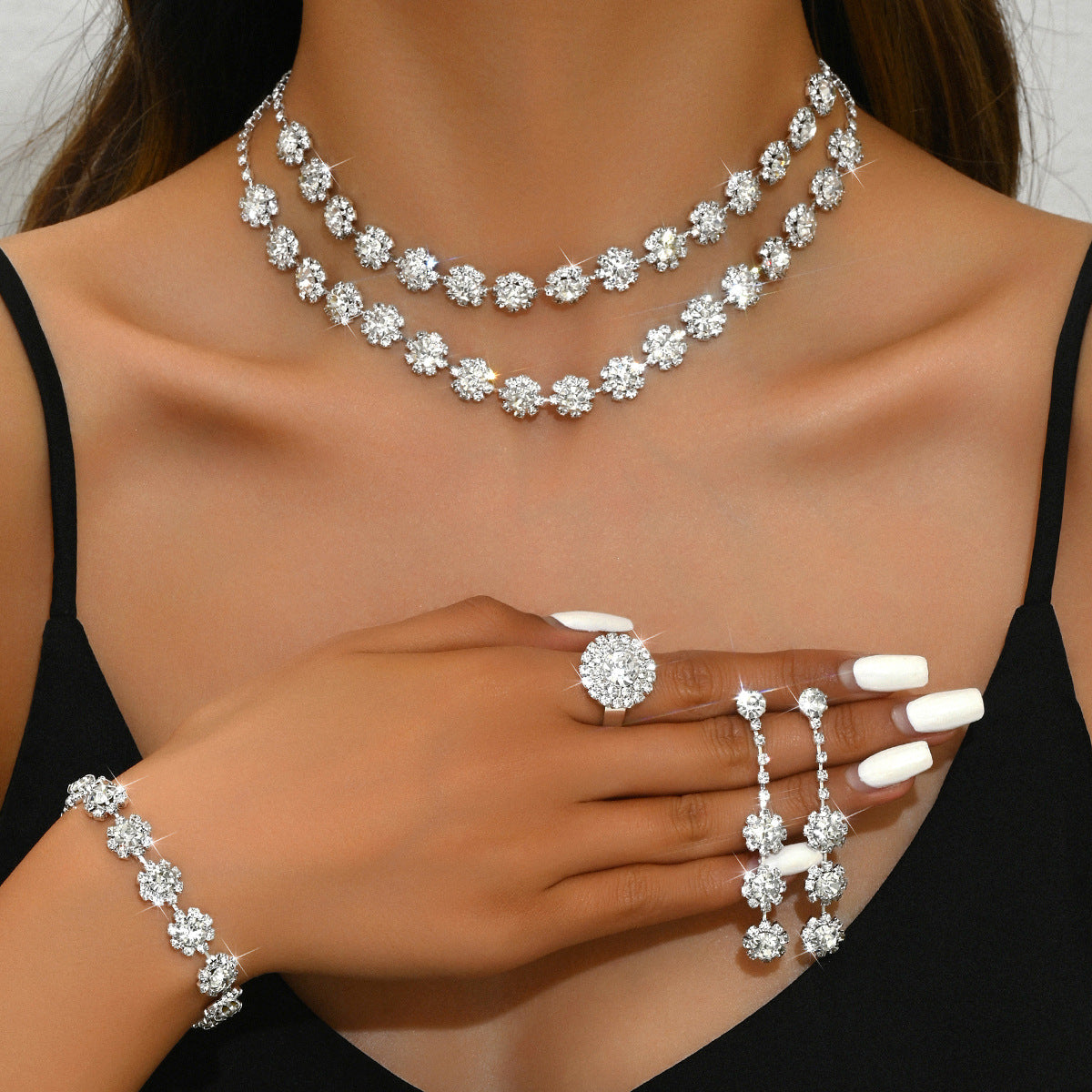 Wedding Double Layer Sunflower Diamond Suite Jewelry Set
