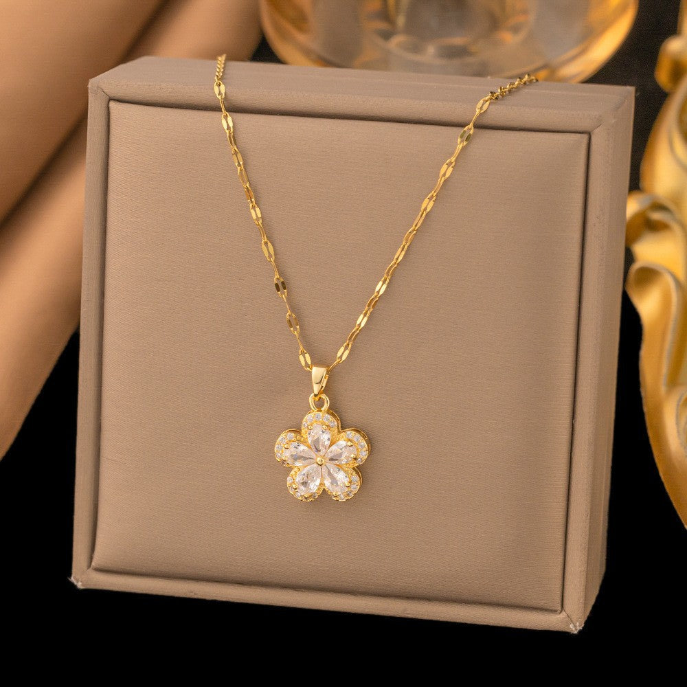 Steel Female Micro Inlaid Pink Diamond Necklace