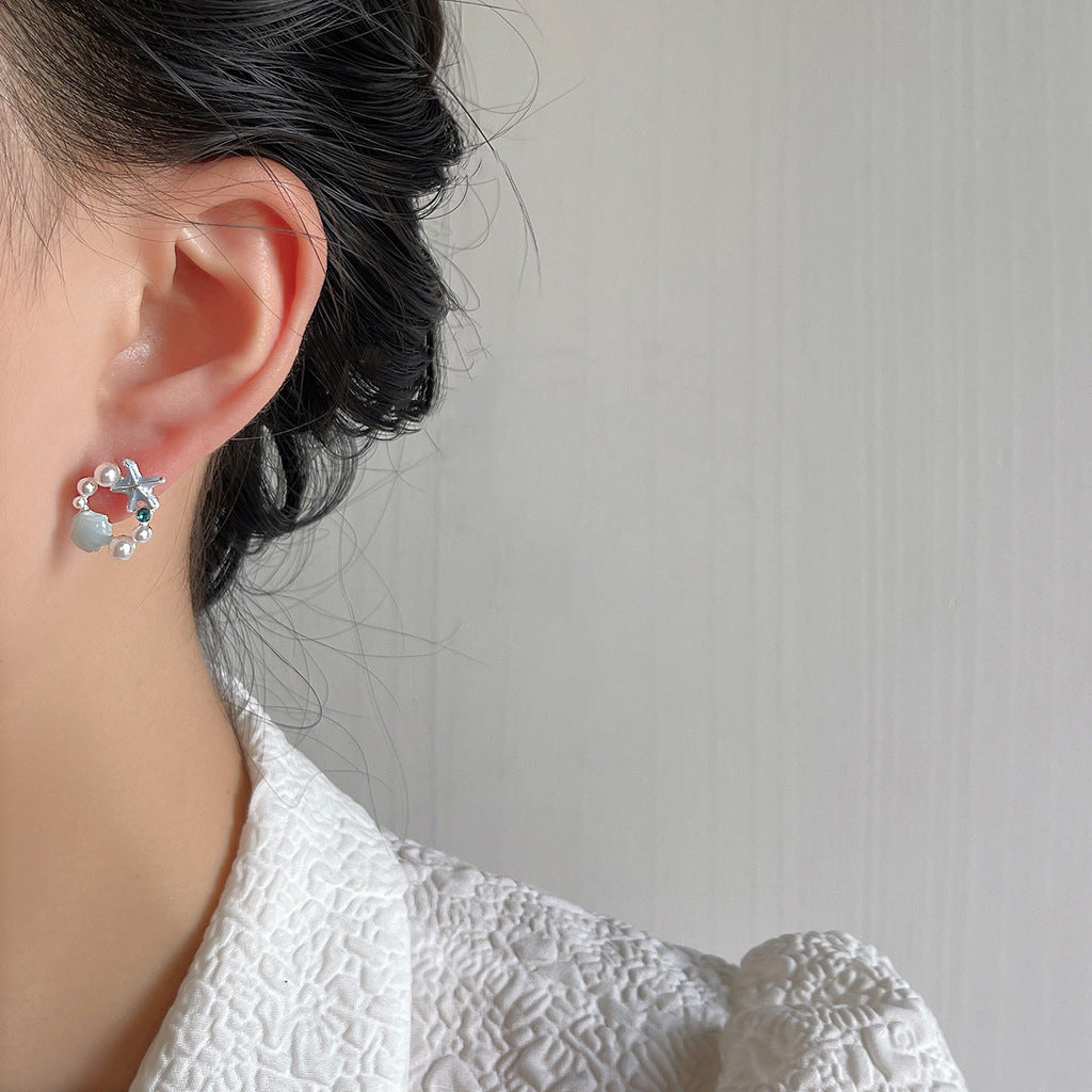 Women's Sier Needle Blue Starfish High-grade Fresh Stud Earrings