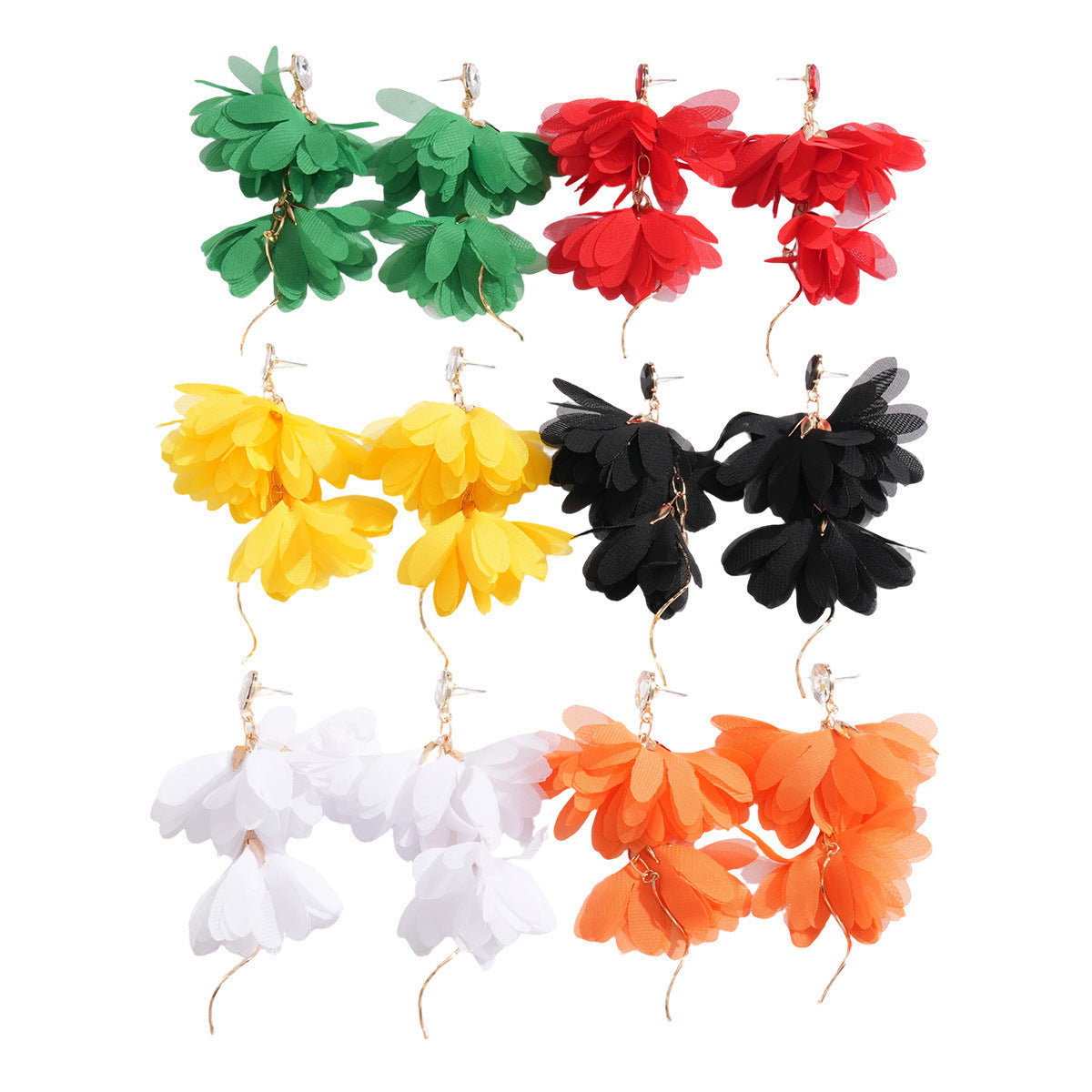 Metal Chiffon Flower Tassel Sier Pin Beach Earrings