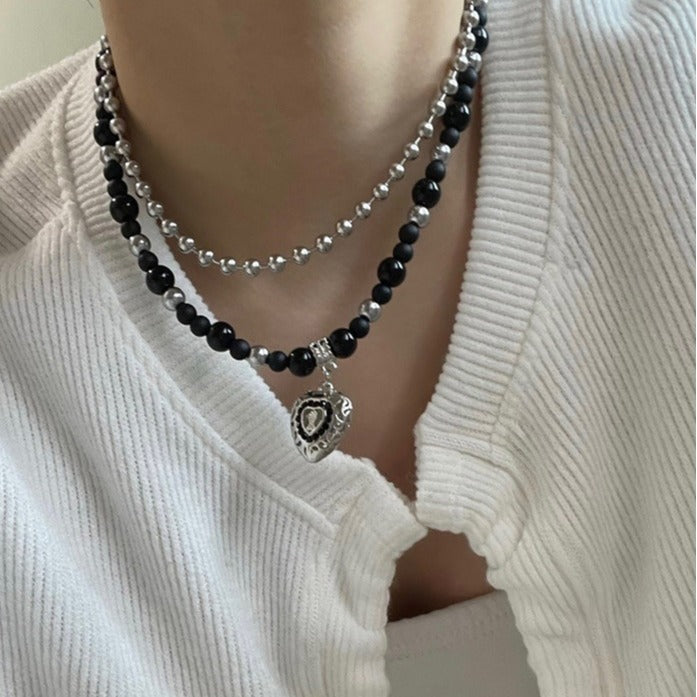 Pink Black Layered Steel Ball Diamond Love Clavicle Chain Double Necklace