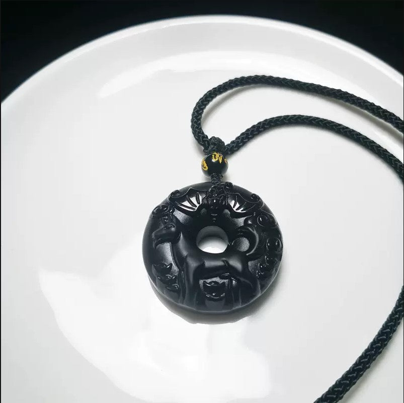 Women's & Men's Natural Obsidian Zodiac Safety Buckle Tiger Pendant