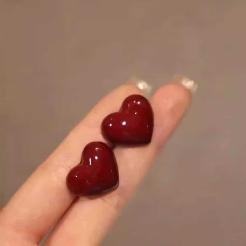 Red Retro Heart Square Wine Temperament Entry Lux High-grade Stud Earrings