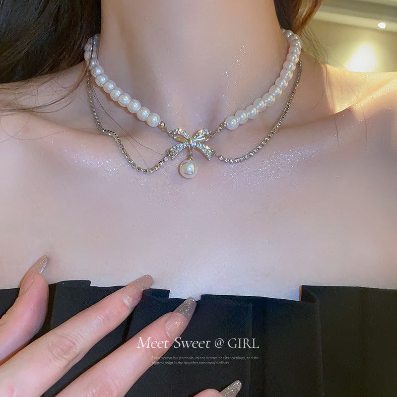 Women's Romance Rhinestone Bow Pearl Design Cold Necklaces