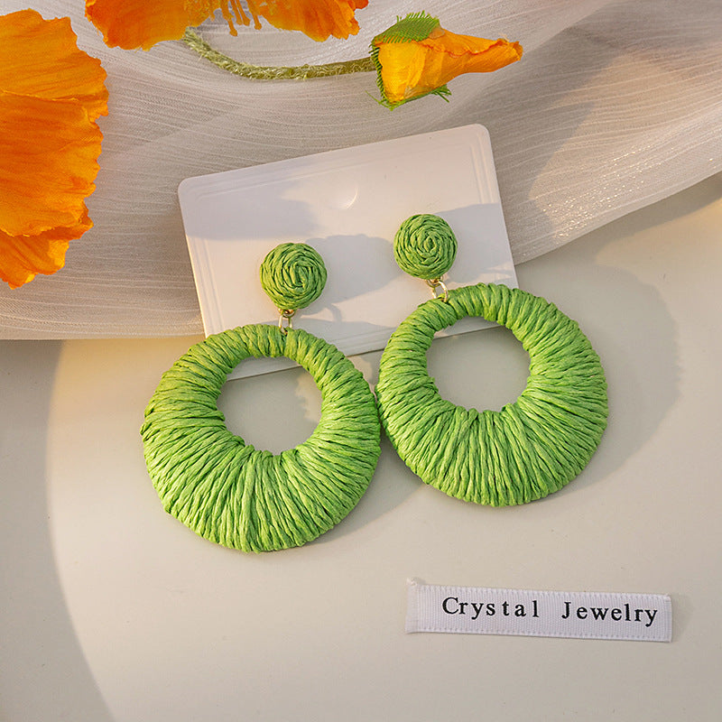 Women's Style Round Colorful Raffia Woven Hollowed Earrings