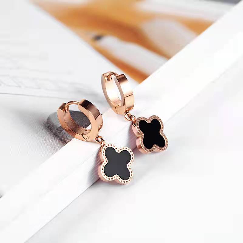 Titanium Steel Trendy Rose Gold Four Leaf Clover Ear Earrings