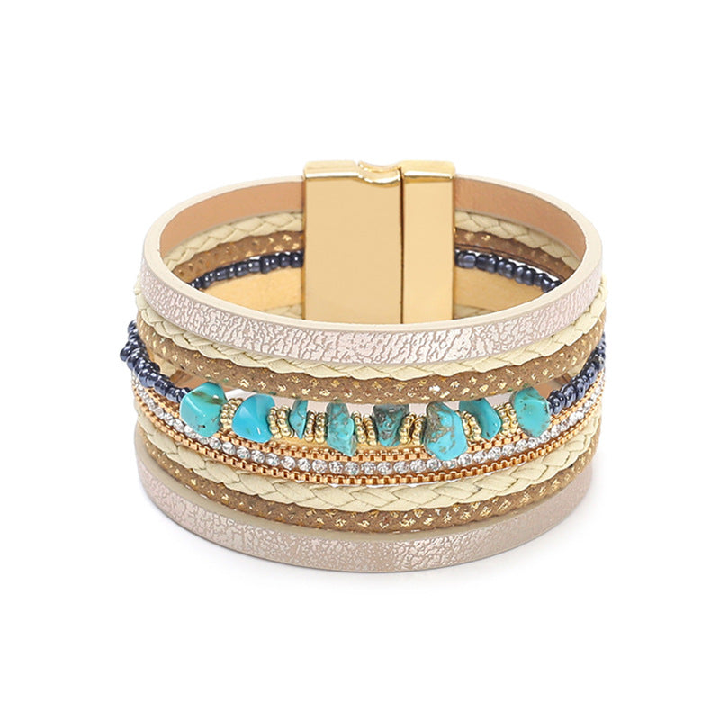 Women's Beads String Leather Creative Retro Magnetic Bracelet