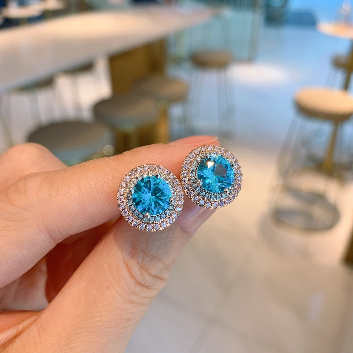 Women's Round Simulation Ocean Blue Rhinestone Simple Female Jewelry Set