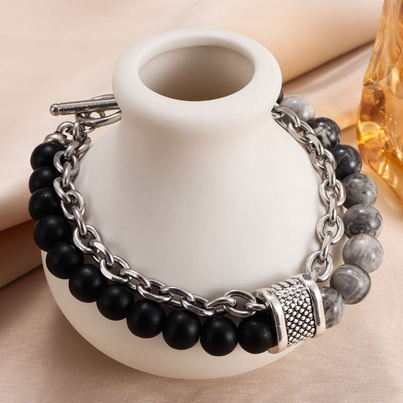 Men's Natural Unique Map Stone Beaded Iron Bracelets