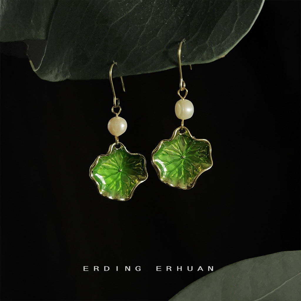 Women's Chinese Style Freshwater Pearl Lotus Leaf Handmade Design Sense Plated Earrings