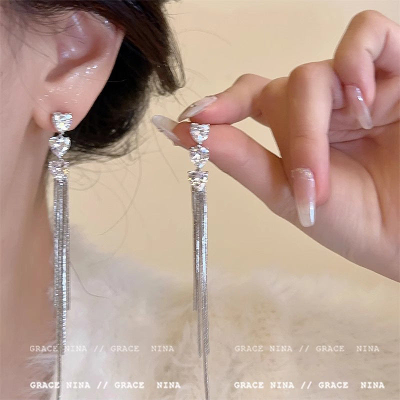 Women's Sier Needle Long Fringed Zircon For Trendy Light Earrings