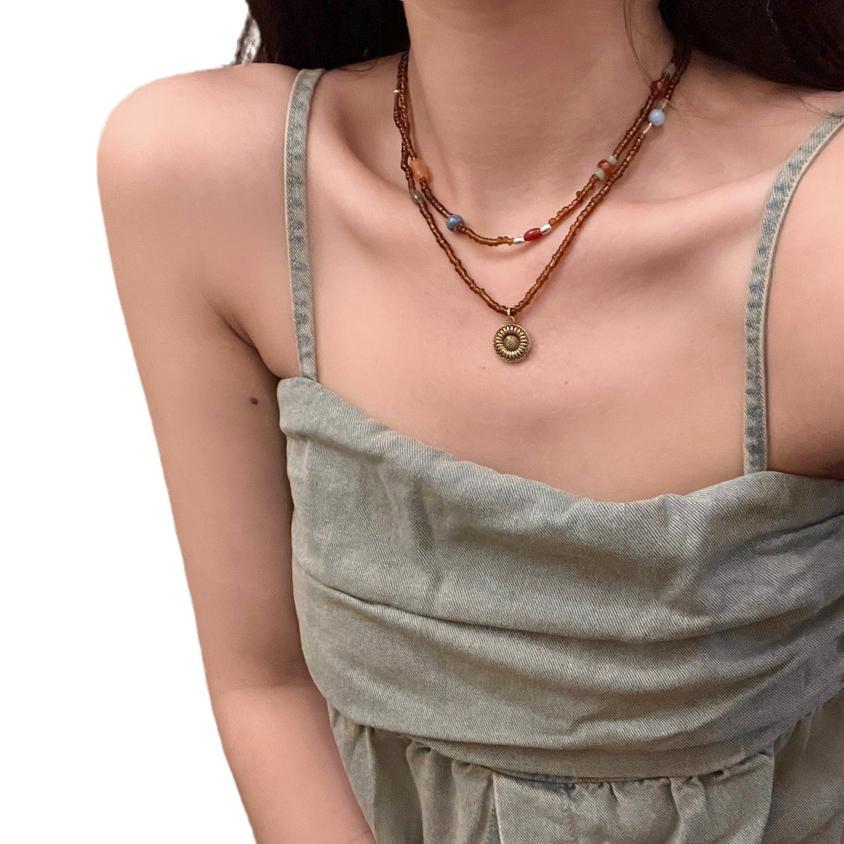Chain Vintage Metal Sunflower Tag Natural Stone Brown Necklace