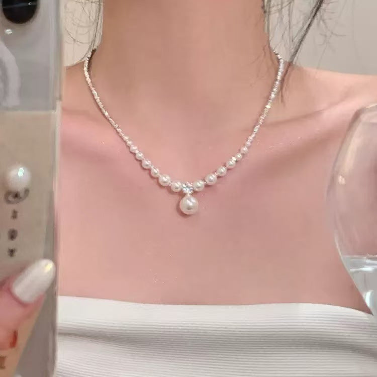 Women's Sier Pearl Small Design High-grade Simple Temperament Clavicle Chain Square Necklace