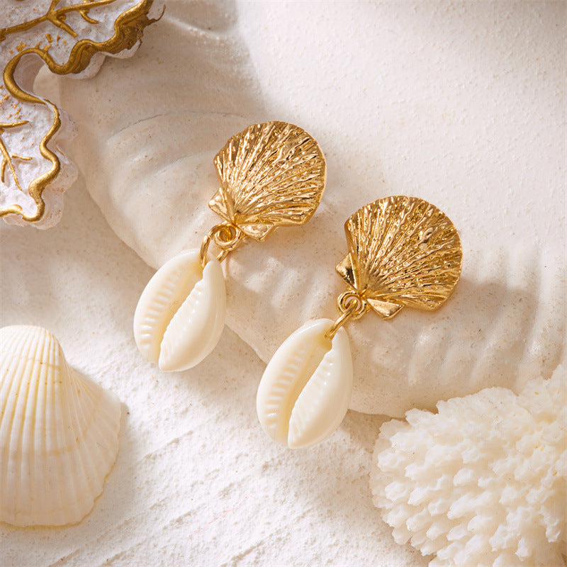 Beach Summer Seaside Starfish Conch Short Scallop Pearl Earrings