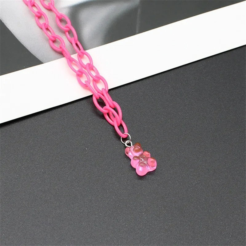 Pink Acrylic Transparent Cartoon Bear Neck Necklace