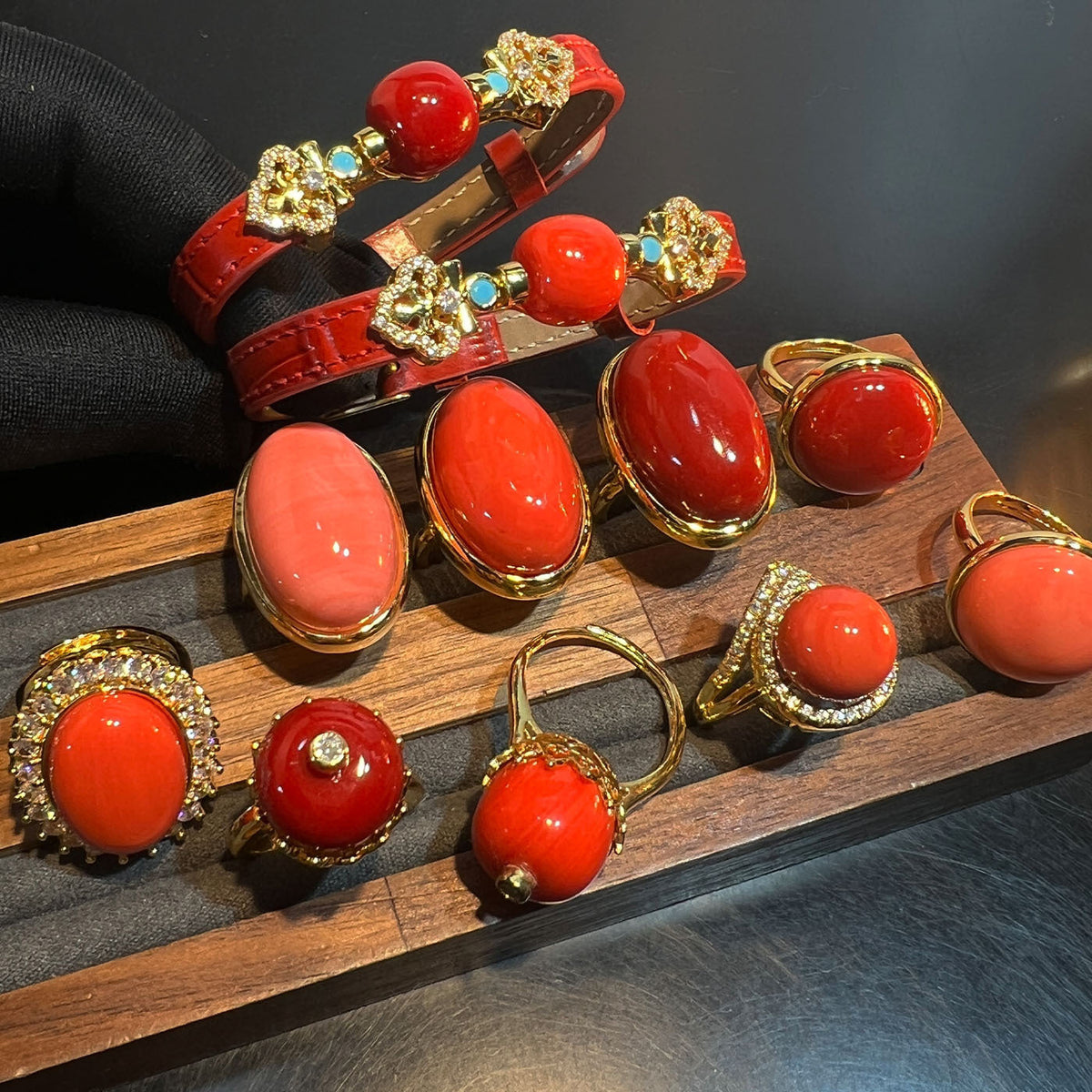 Coral Leather Watch Strap Adjustable Chinese Style Red Jewelry Set