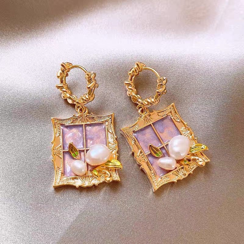 French Royal Style Zircon Geometric Flower Light Luxury High-grade Earrings