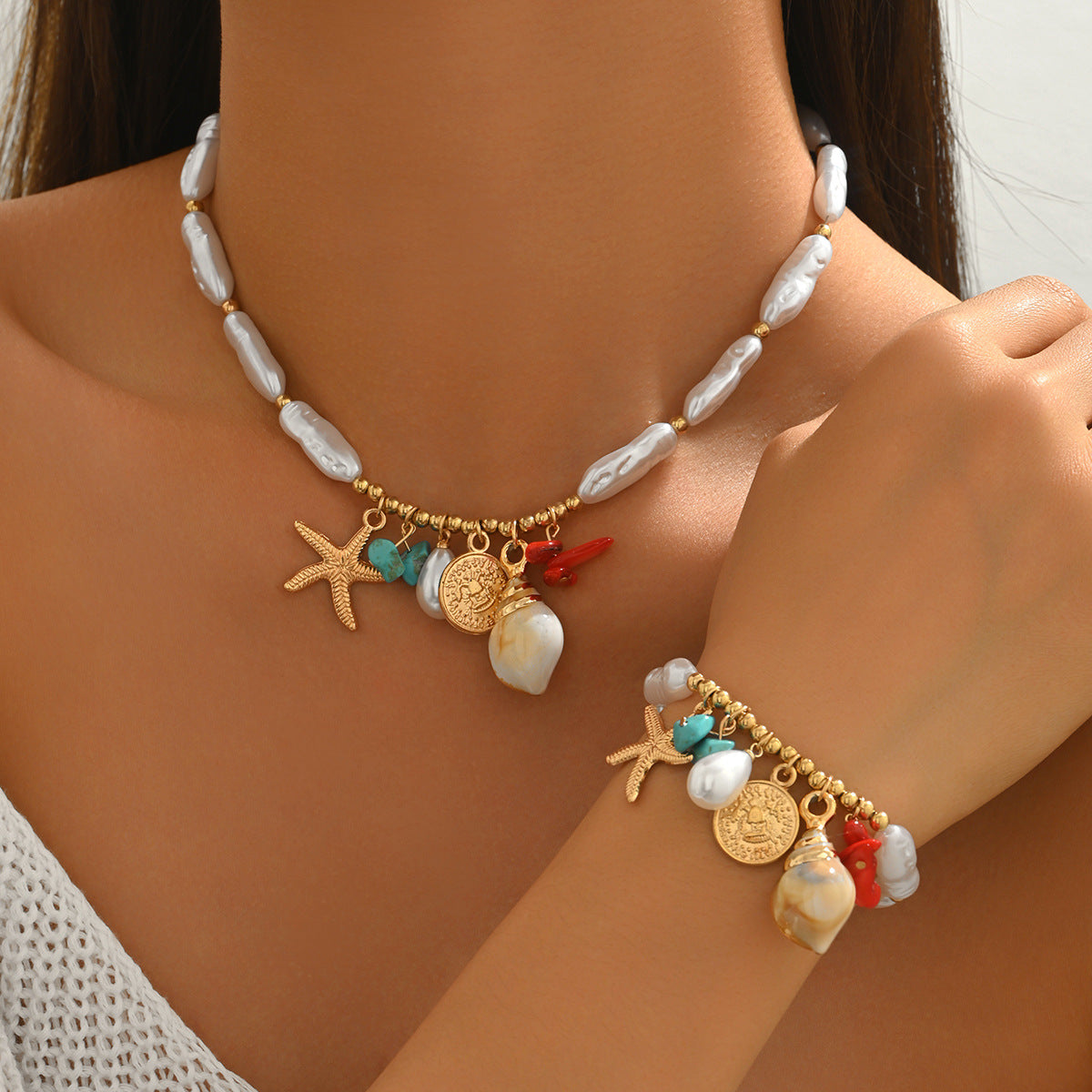 Women's Ocean Style Fashion Beaded Shell Conch Design Jewelry Set