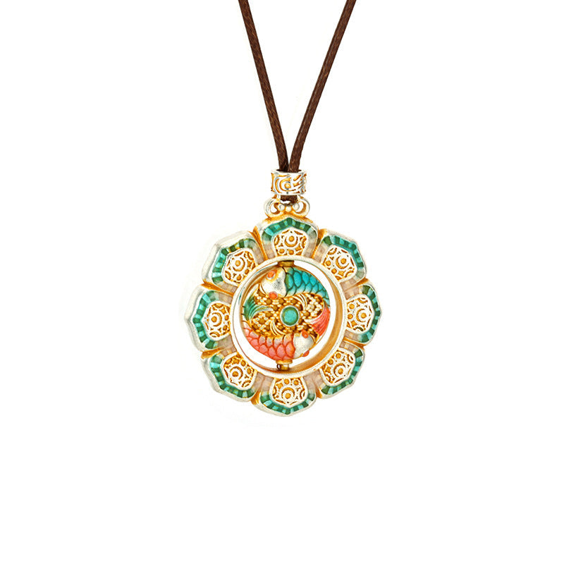 Copper Sier-plated Enamel Double Fish Lotus National Style Chinese Koi Necklaces