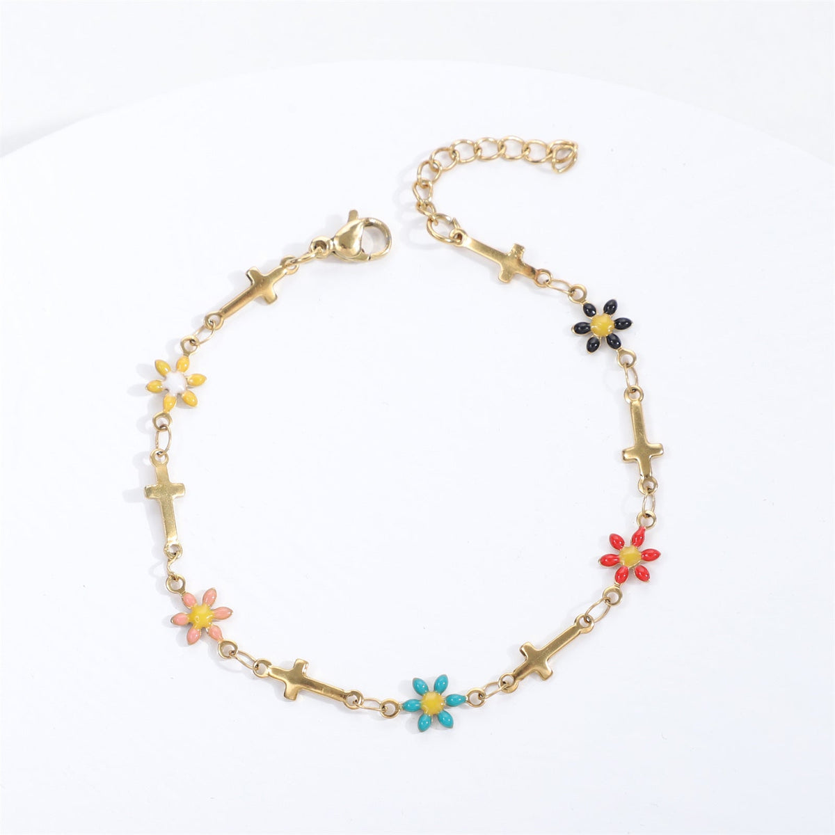 Gold Gaanized Enamel Colorful Oil Cross Chrysanthemum Unique Fashion Stainless Bracelet