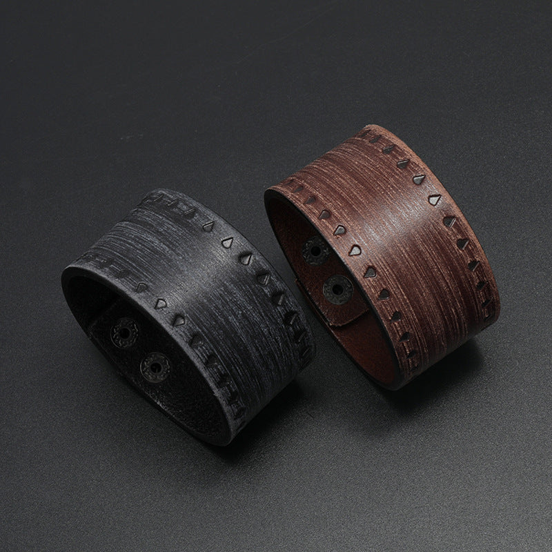 Men's Hip Hop Ear Simple Embossed Retro Distressed Cattle Leather Bracelet