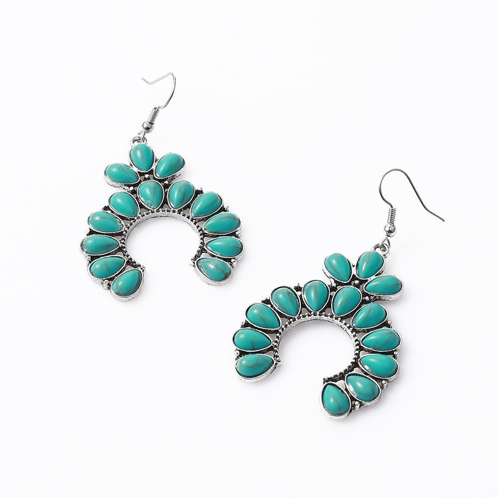 Retro Personalized Fan-shaped Hollow Turquoise Eardrops Rings