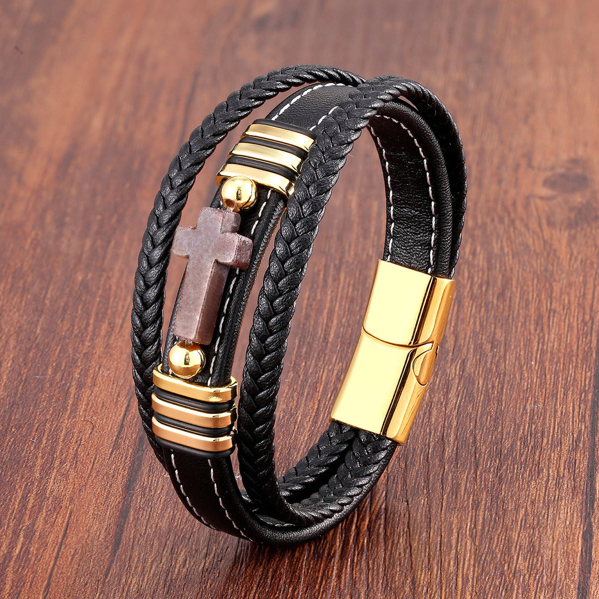 Men's Woven Leather Vintage Stone Cross Stainless Steel Bracelet