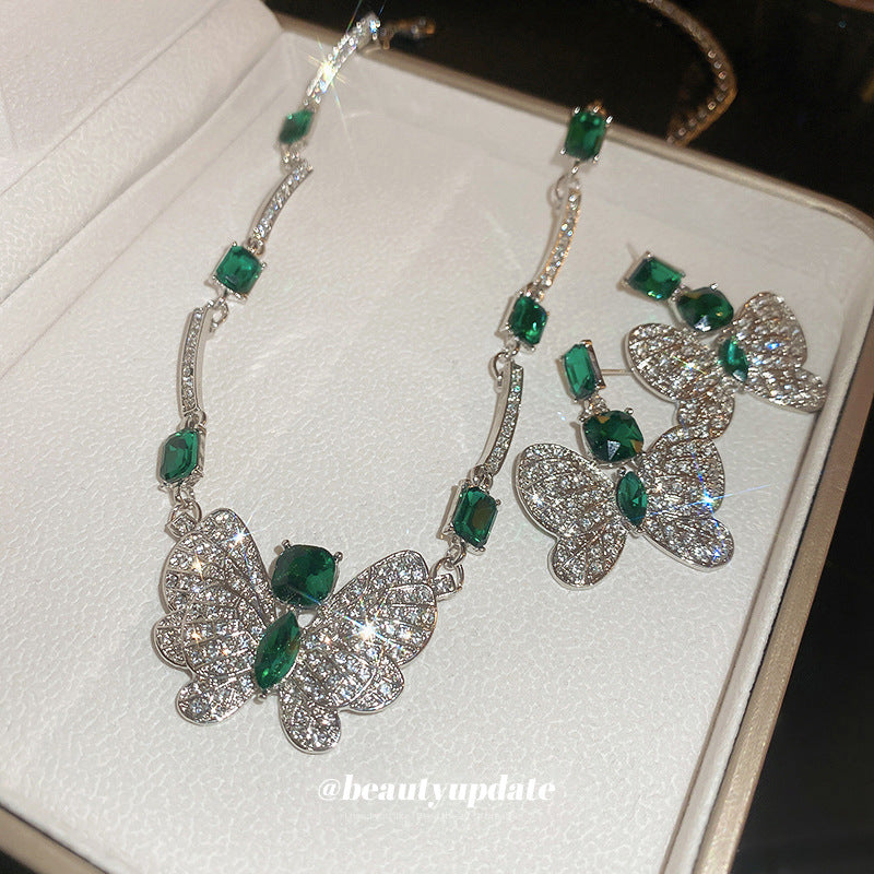 Butterfly Emerald Square Exaggerating Collarbone Light Luxury Jewelry Set