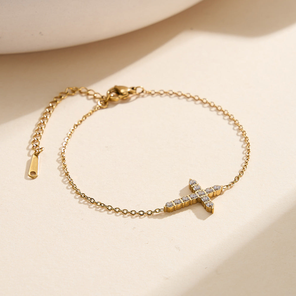 Cross Inlaid Zirconium Stainless Steel Gold Bracelet