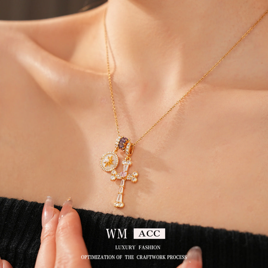 Electroplated Zircon Fritillary Cross Light Luxury Minority Clavicle Chain Temperament Necklaces