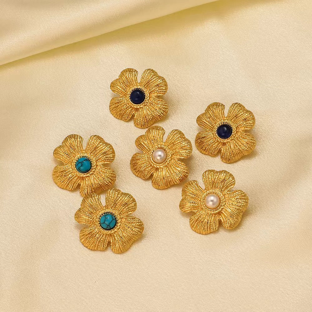Gold-plated Titanium Classic Style Flower Inlaid Stud Earrings