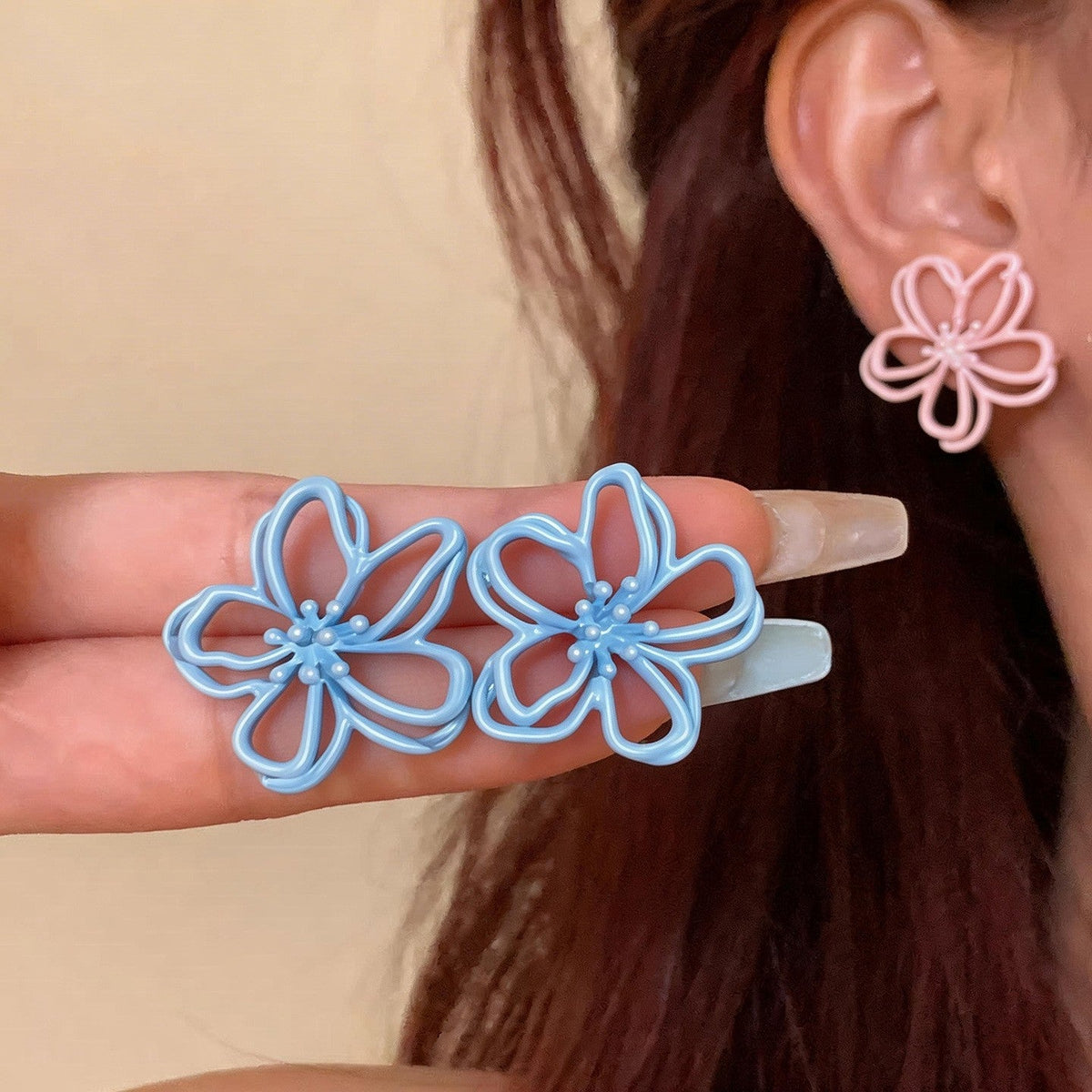 Pink Five Petal Flower Female Sier Needle Small Fresh Sweet Rings