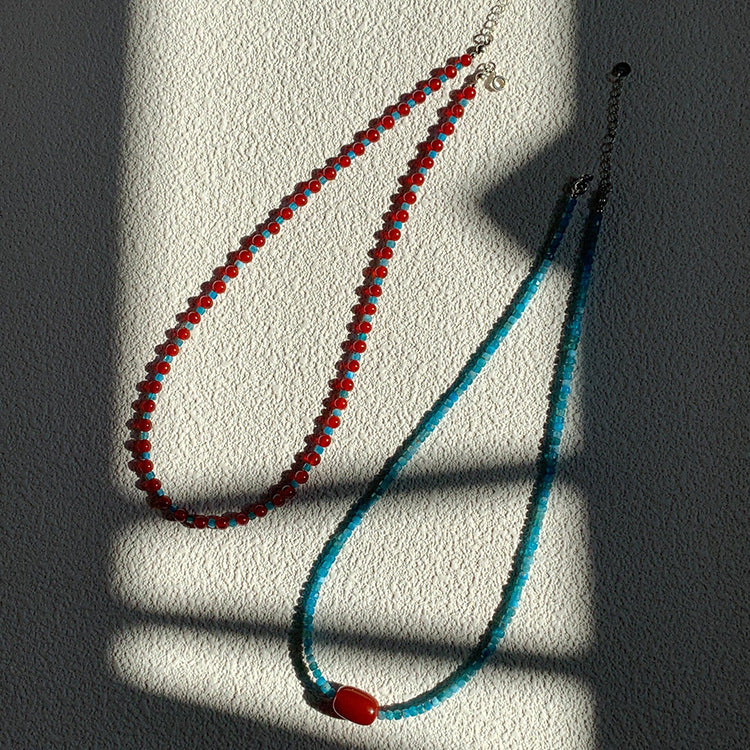 Flowers Retro Atmosphere Clavicle Chain Female Red Blue Beaded Niche Necklaces