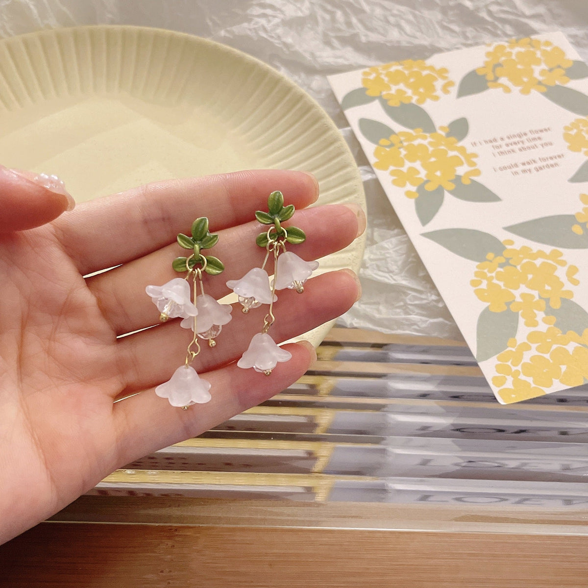 Sweet Design Green Paint Flower Tassel Pastoral Style Female Summer Earrings