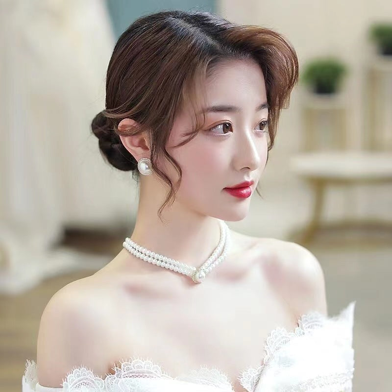 Style Oval Emerald Hepburn Graceful French Pearl Clavicle Jewelry Set