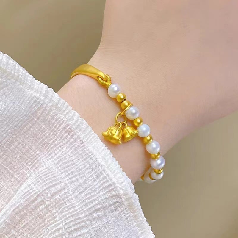 Women's Vietnam Placer Gold Lily Half Bell Pearl Peach Blossom Gifts Bracelet