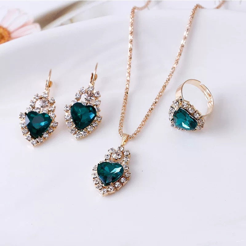 New Water Drop Heart-shaped Three-piece Jeweled Earrings