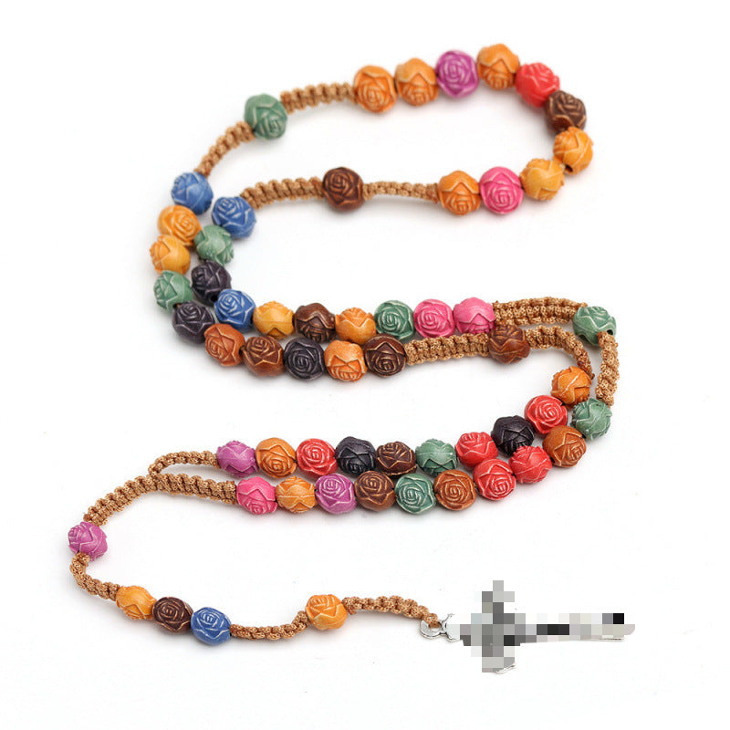 Rose Color Cross Rosary Teach Beading Necklaces