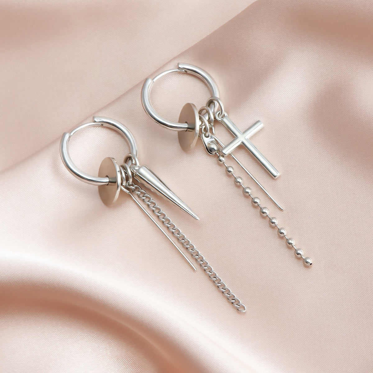 Women's Cross Steel Chain Geometric Tassel Long Tapered Earrings