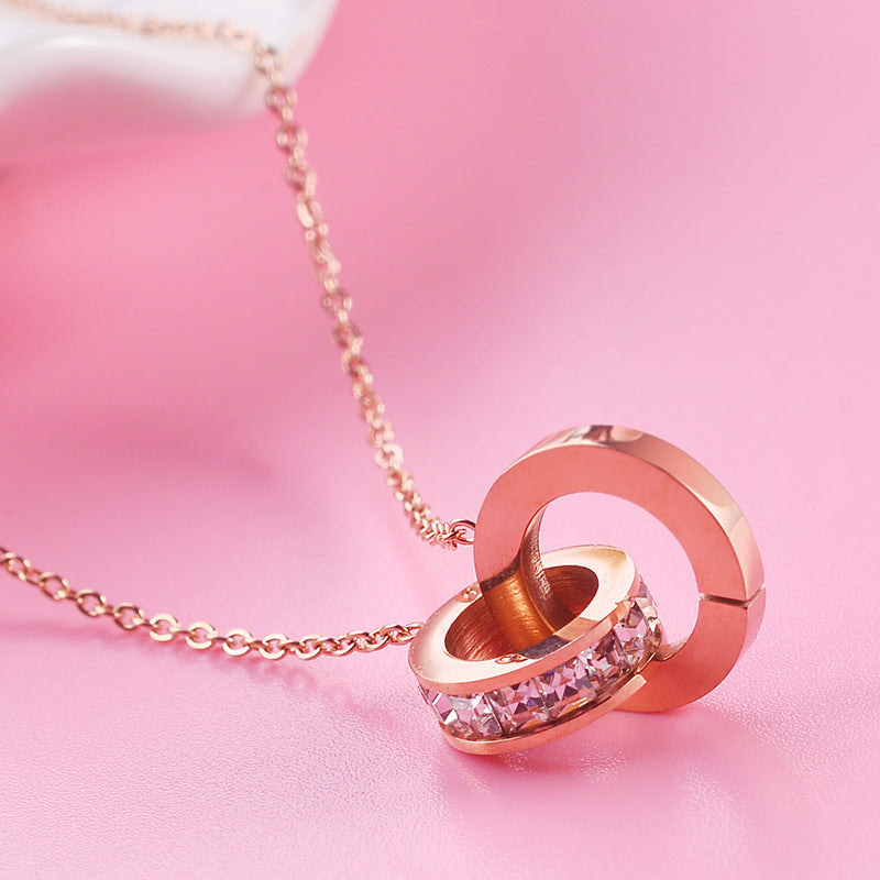 Women's Titanium Steel Diamond Inlaid Clavicle Chain Fashionable Rose Gold Live Necklace