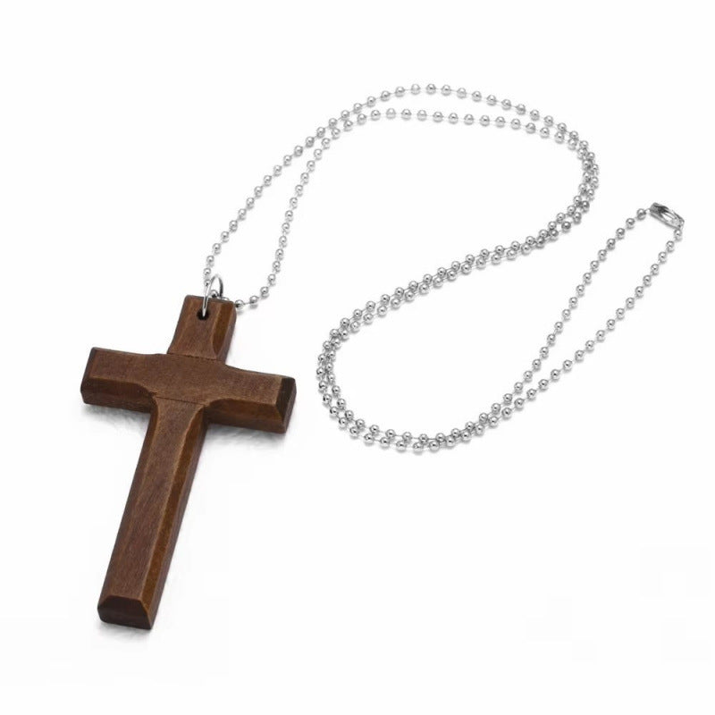 Retro Handmade Double Alloy Wood Cross Boys Long Sweater Chain Pendants