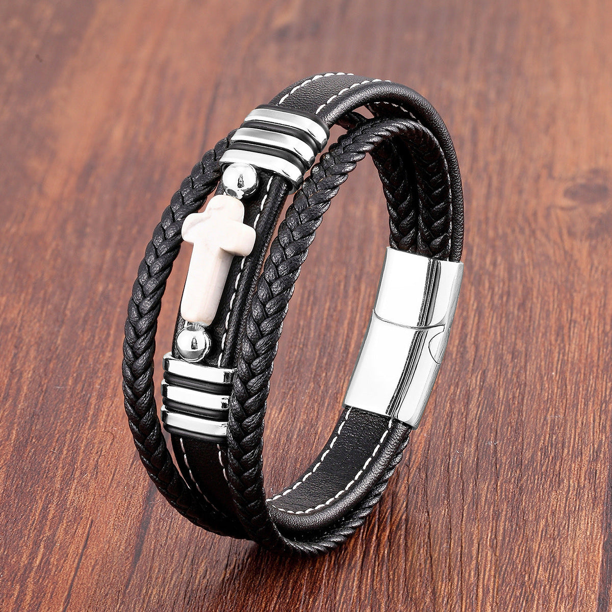 Men's Woven Leather Vintage Stone Cross Stainless Steel Bracelet