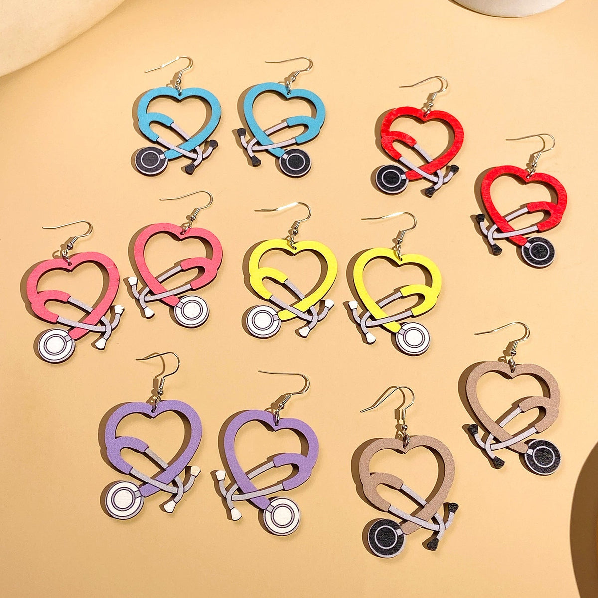 Nurse Medical Color Stethoscope Modeling Wooden Earrings