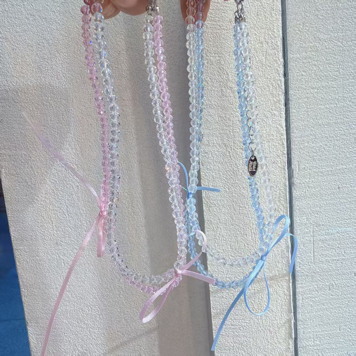 Girly Style Ribbon Bow Gentle Clear Clavicle Chain Beaded Double Necklaces