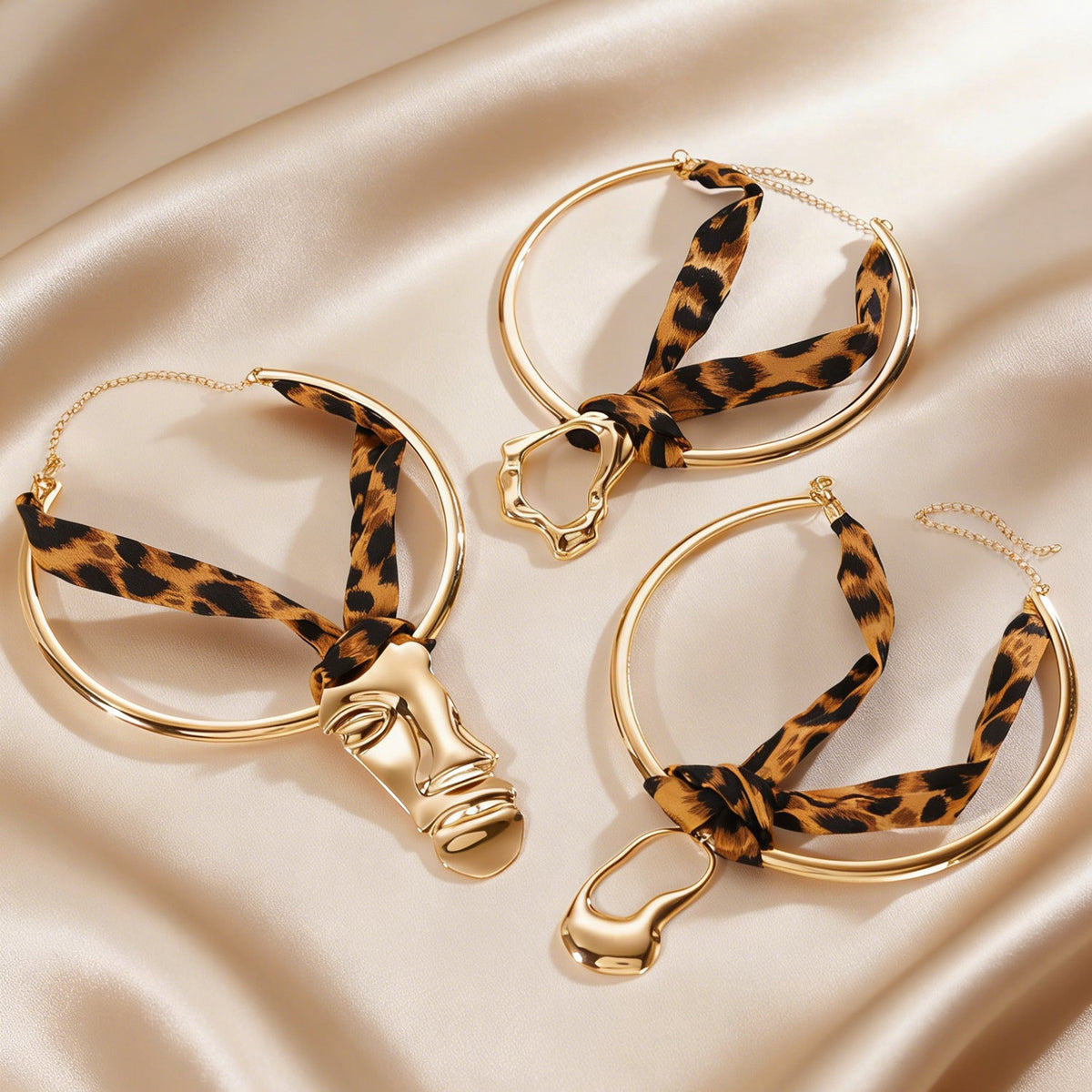 Women's Irregular Liquid Shaped Geometric Ear Leopard Ribbon Jewelry Set