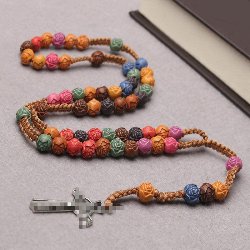 Rose Color Cross Rosary Teach Beading Necklaces