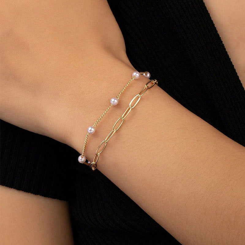 Women's Imitation Pearl Chain Metal Square For Simplicity Bracelets
