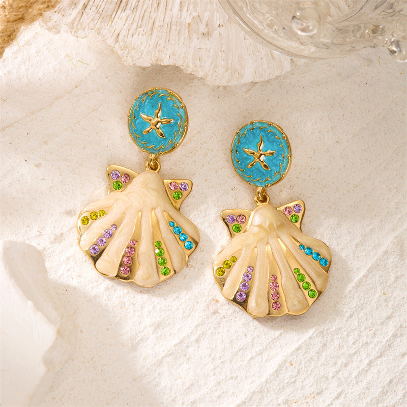 Women's Enamel Glaze Starfish Coral Diamond In The Debris Marine Shell Earrings