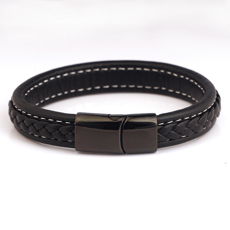Men's Steel Stainless Magnetic Snap Genuine Leather Rope Bracelets