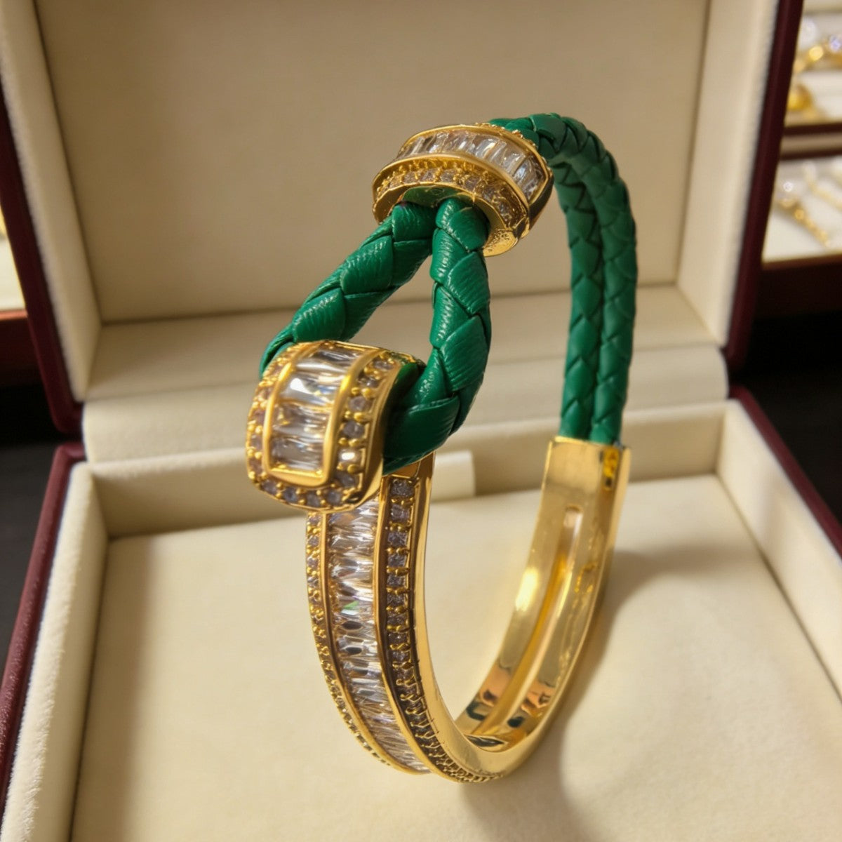 Green Leather Stitching Titanium Steel Gold Plated Retro Affordable Bracelets